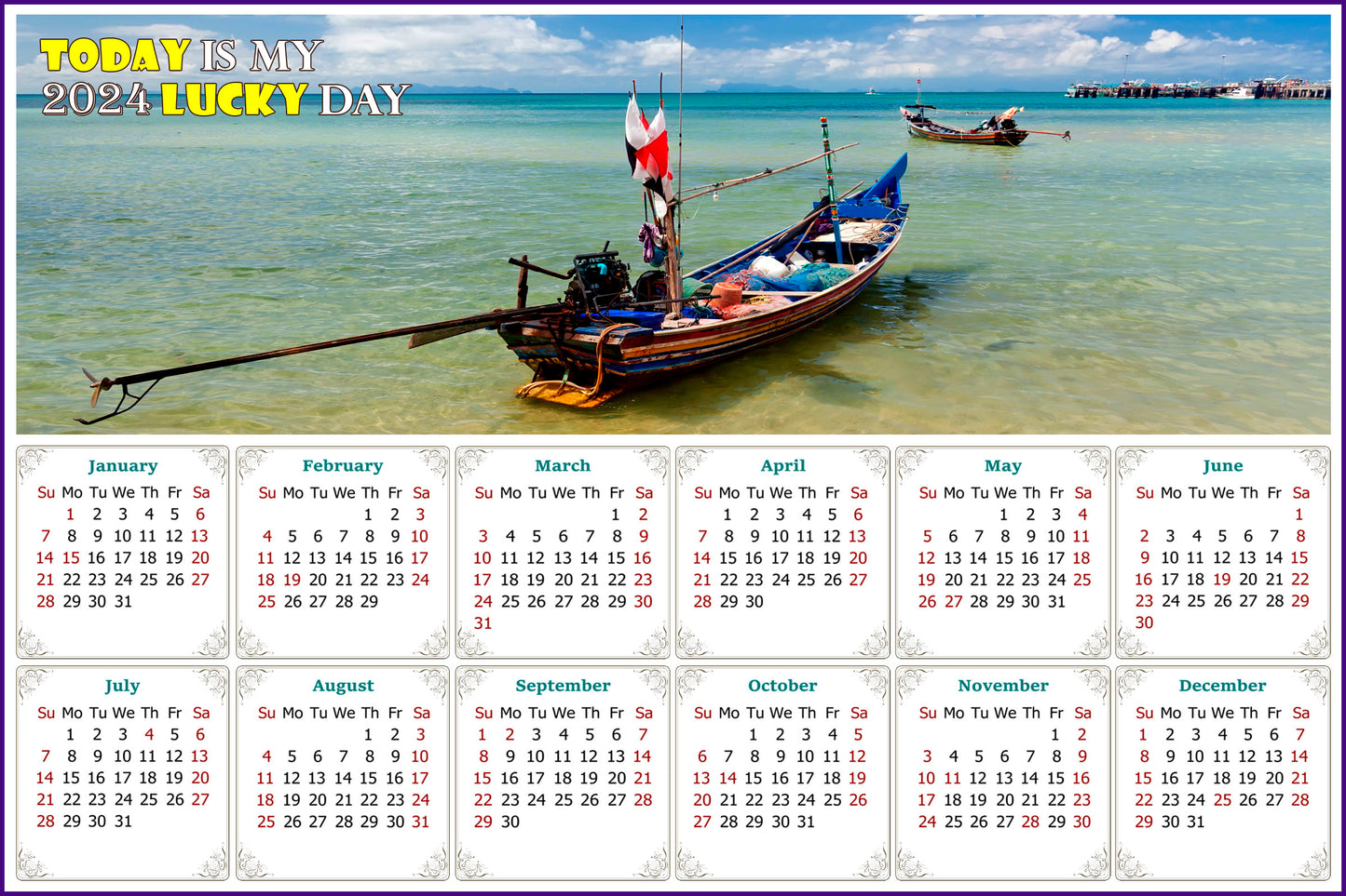 2024 Magnetic Calendar - Calendar Magnets - Today is My Lucky Day - (Thai Boat on a Beach, Koh Samui, Thailand)
