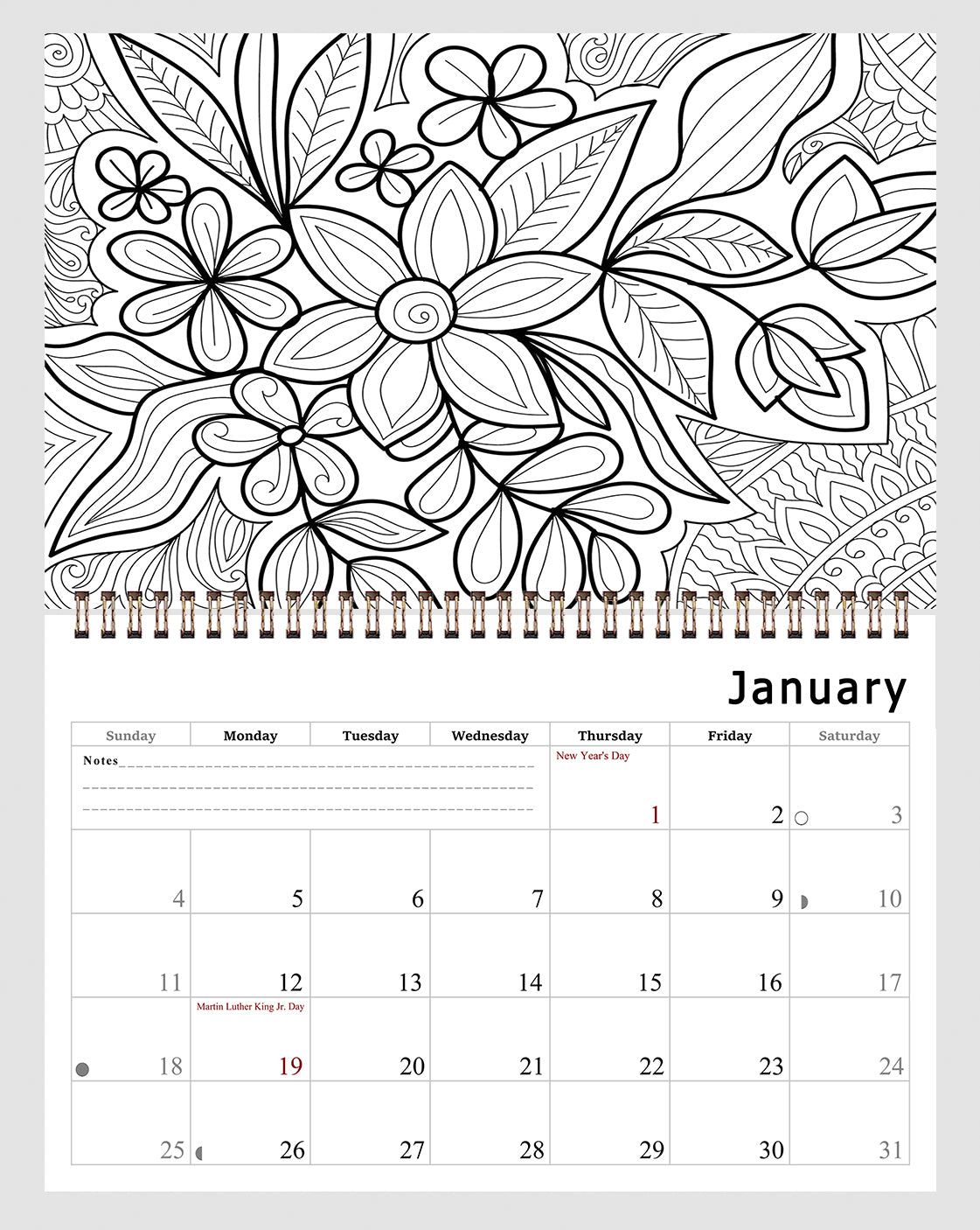 2027 Coloring Wall Calendar - 12 Months Desktop / Wall Calendar (Flowers)