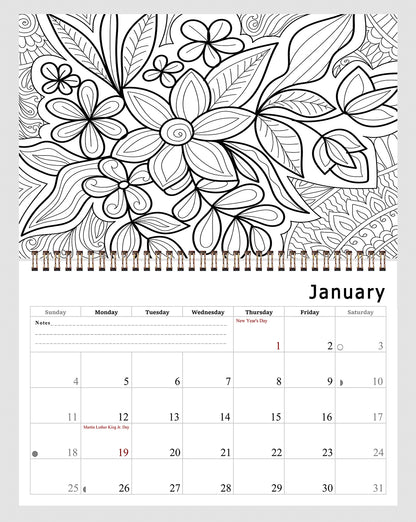 2027 Coloring Wall Calendar - 12 Months Desktop / Wall Calendar (Flowers)