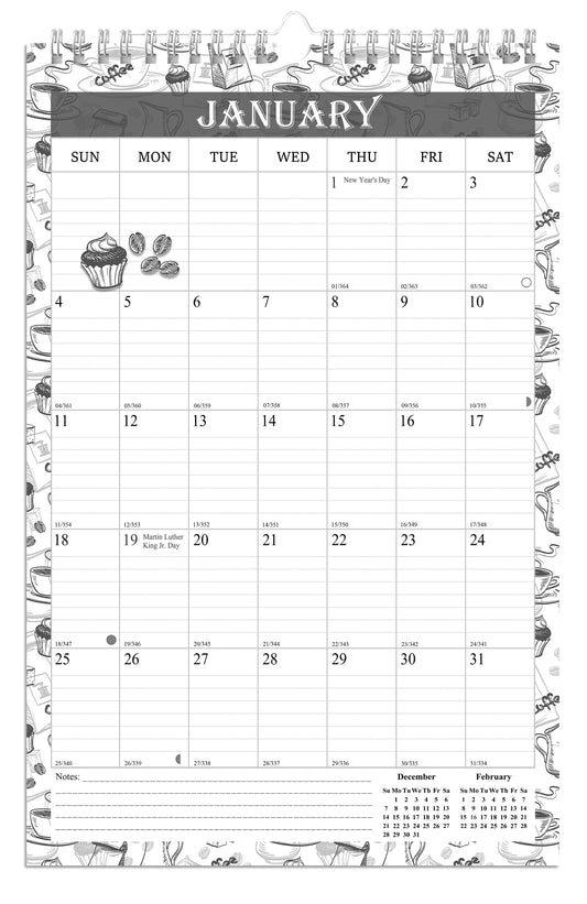 2026 Wall Calendar Spiral-Bound Twin-Wire Binding - 12 Months 010 B&W