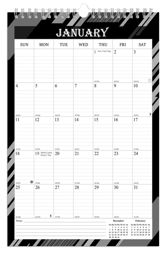 2026 Wall Calendar Spiral-Bound Twin-Wire Binding - 12 Months  08 B&W