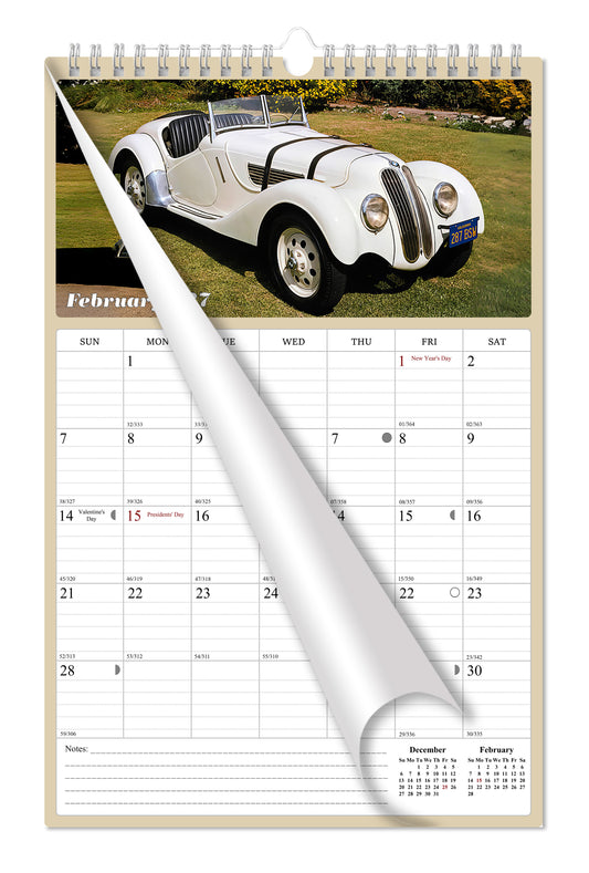 2027 Wall Calendar Spiral-bound Twin-Wire Binding - 12 Months Planner - Large Ruled Blocks with Julian Dates - (Classic Cars)