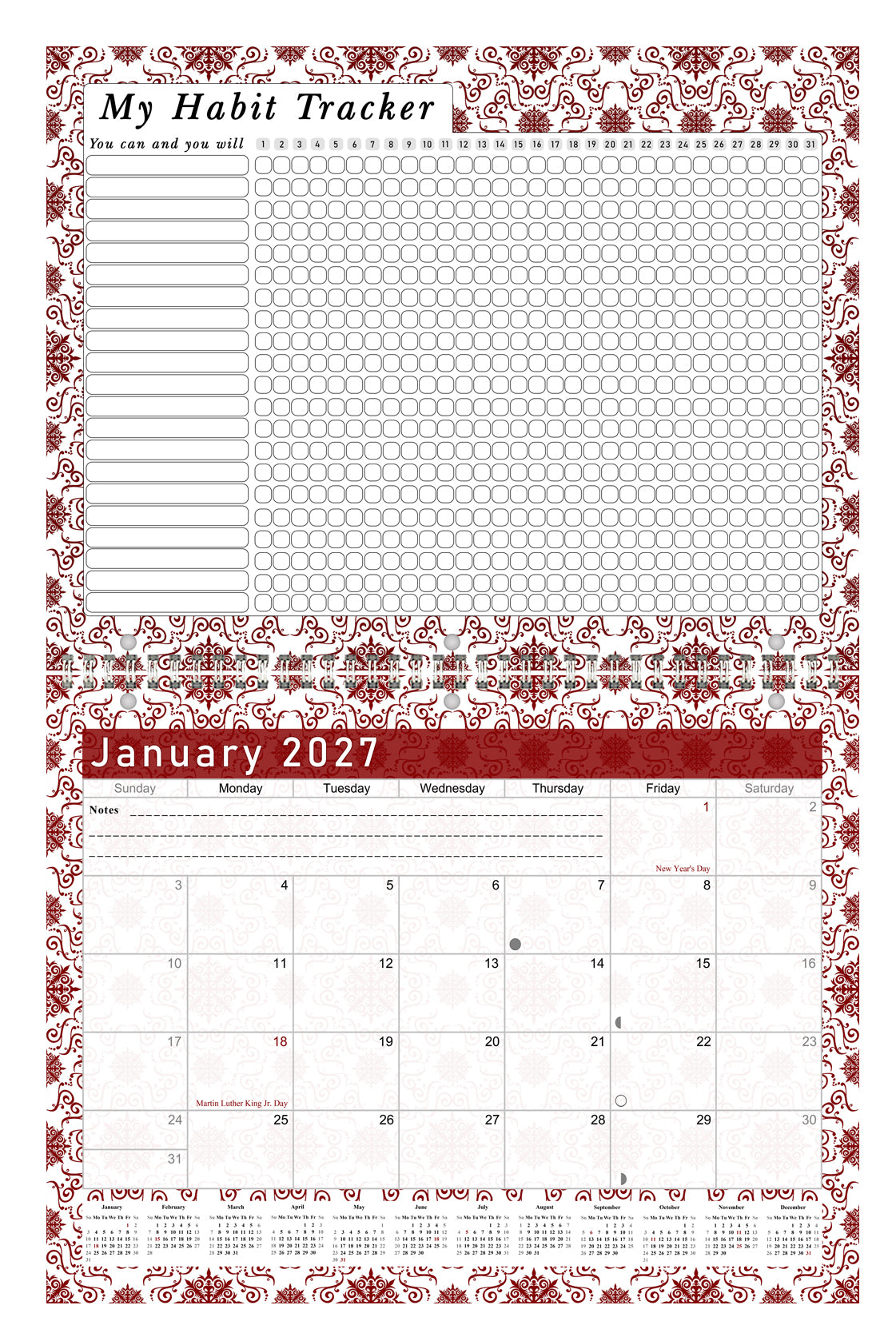 2027 Monthly Desktop/Wall Calendar/Planner - Habit Tracker - (Edition #14)