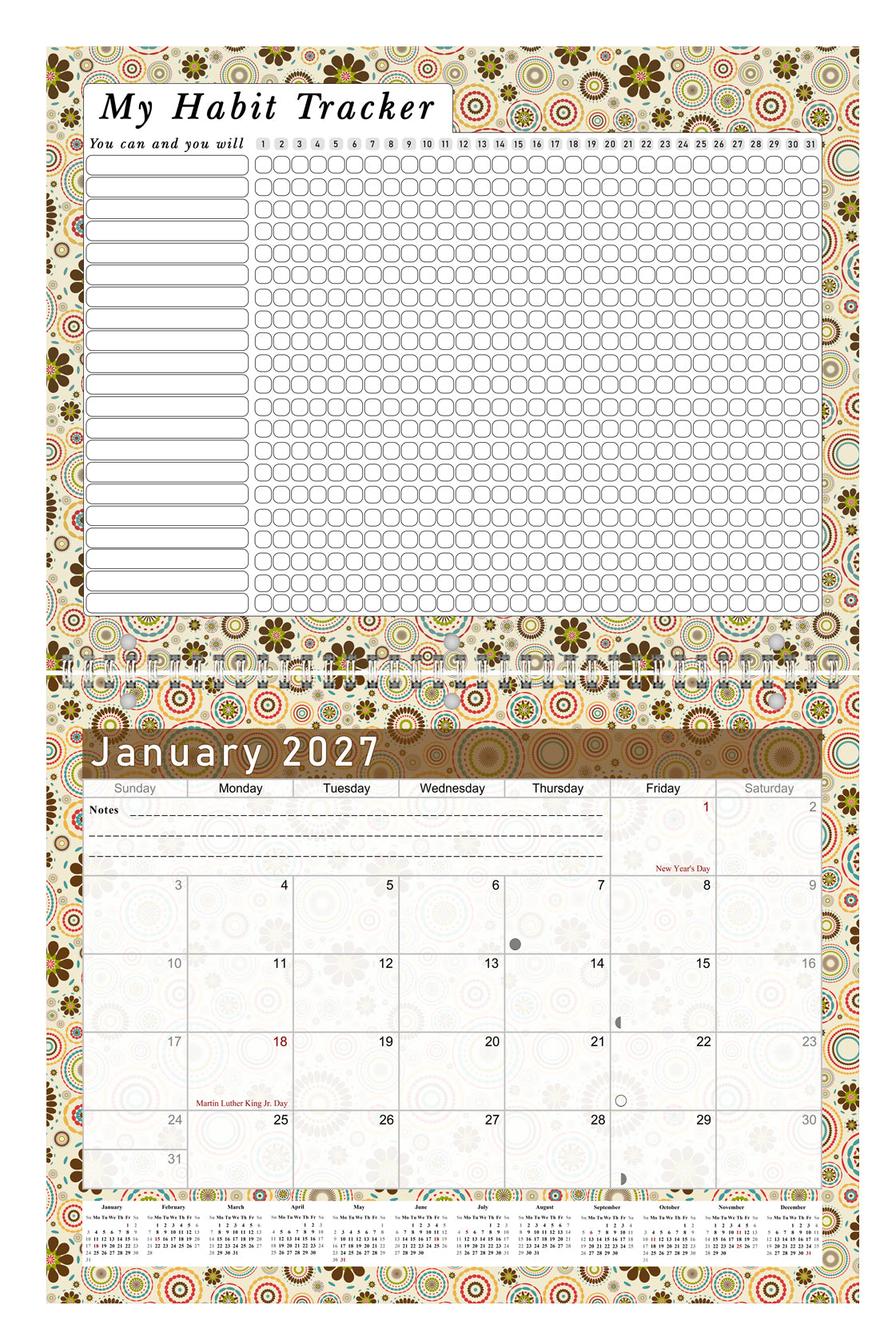 2027 Monthly Desktop/Wall Calendar/Planner - Habit Tracker - (Edition #20)