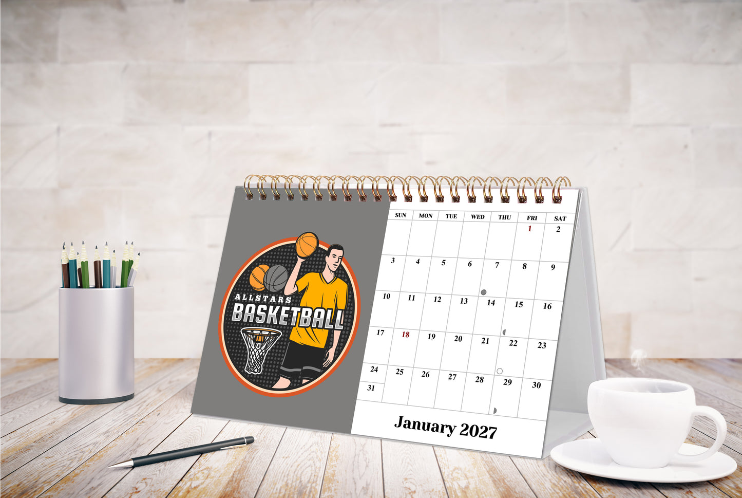 2027-12 Months Desk Calendar Desktop Planner with To-Do List (Basketball)