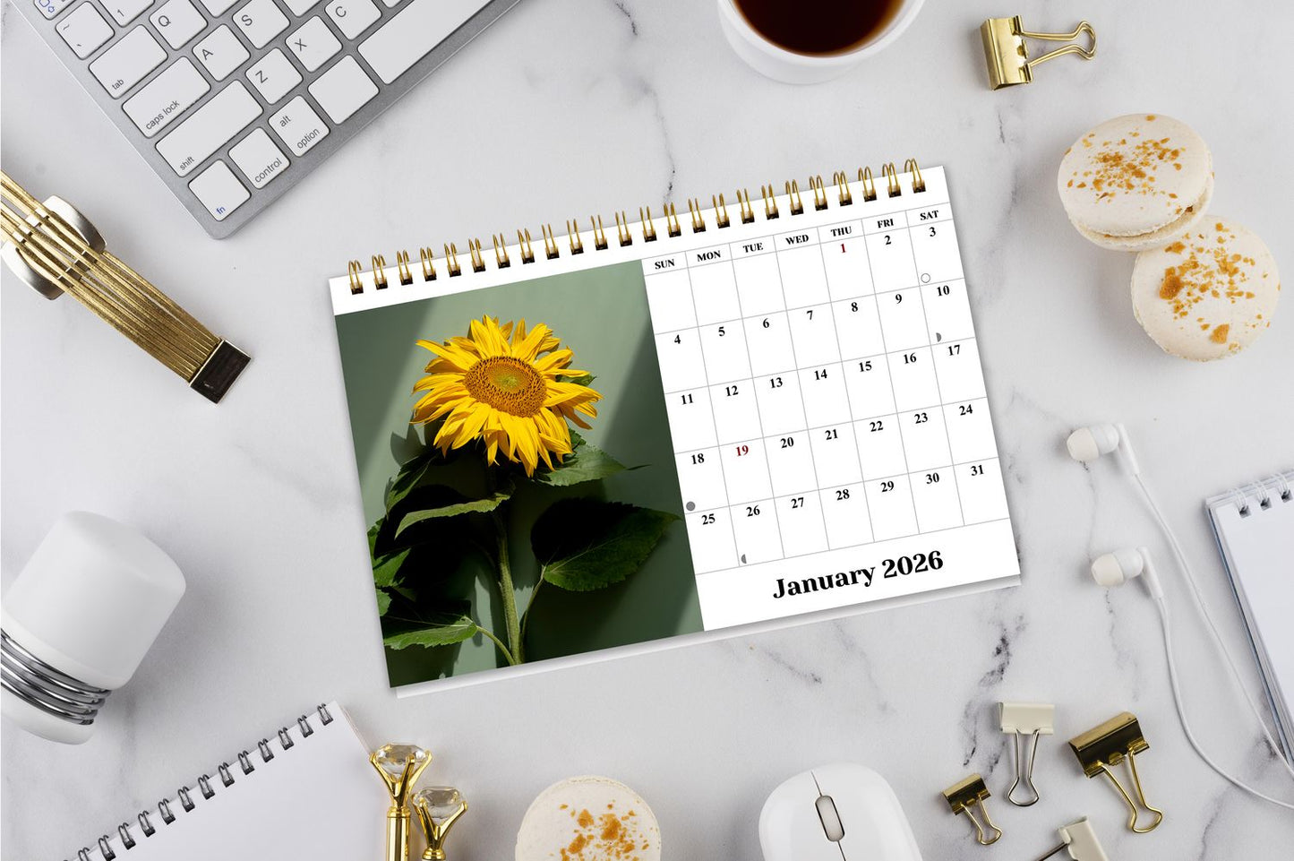 2026-12 Months Desk Calendar Desktop Planner with To-Do List (Sunflowers)