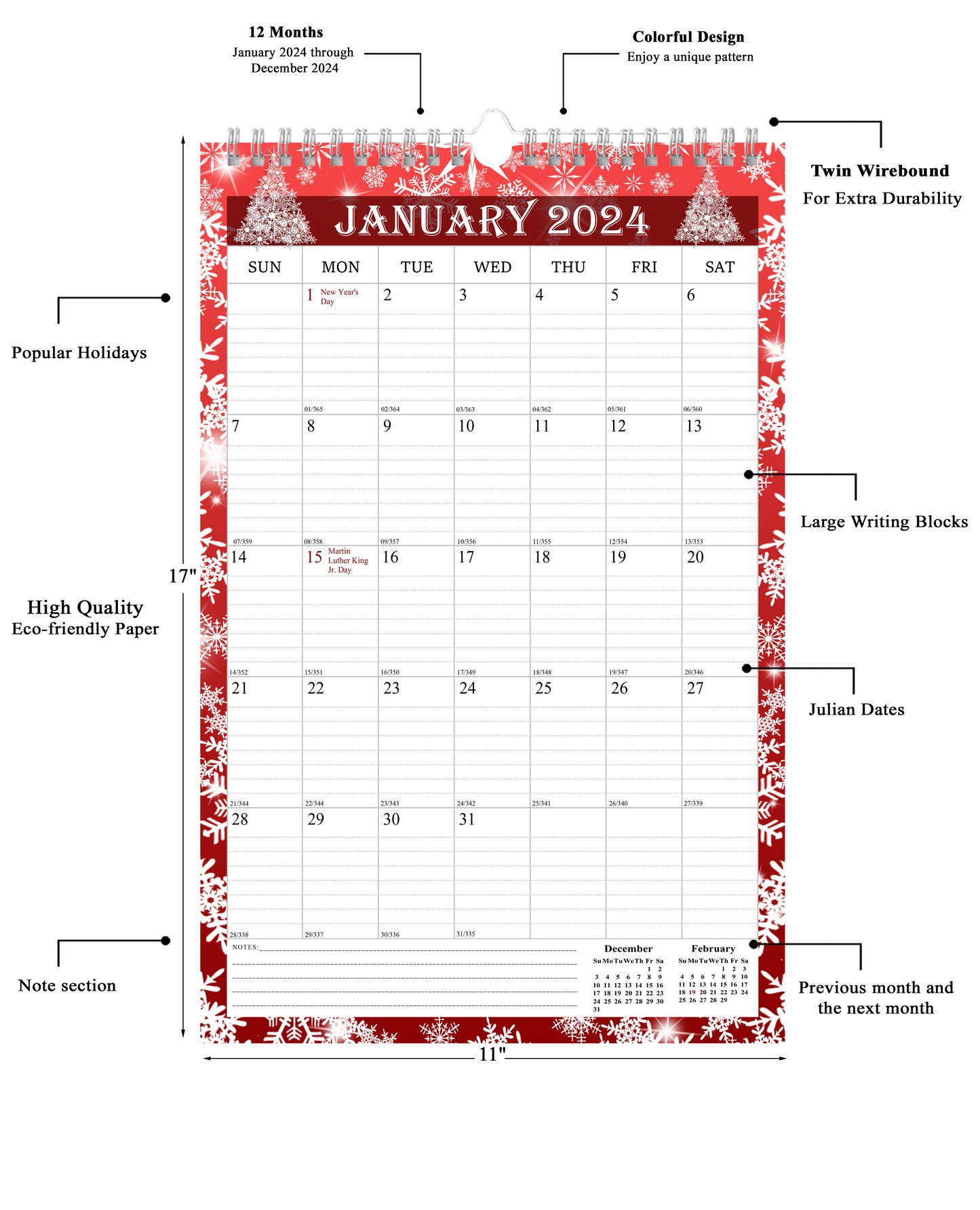 2024 Wall Calendar Spiral-Bound Twin-Wire Binding - 12 Months  12 (Holidays)