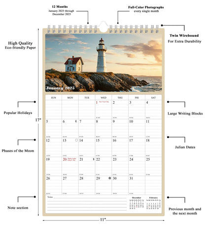 2025 Wall Calendar Spiral-bound Twin-Wire Binding - 12 Months Planner - Large Ruled Blocks with Julian Dates - (Lighthouses)