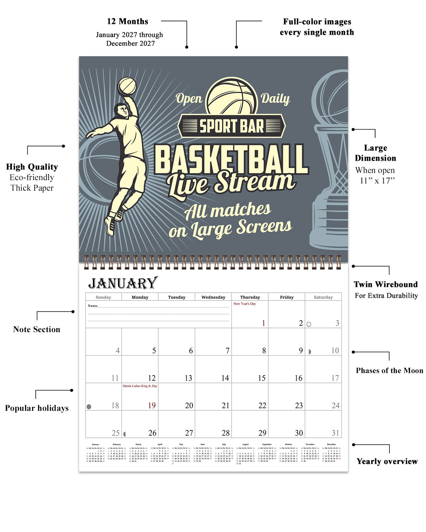 2027 Spiral-bound Wall Calendar (Basketball) - 12 Months Desktop/Wall Calendar/Planner (Copy)