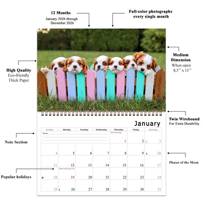 2026 Spiral-bound Wall Calendar (Puppies) - 12 Months Desktop/Wall Calendar/Planner