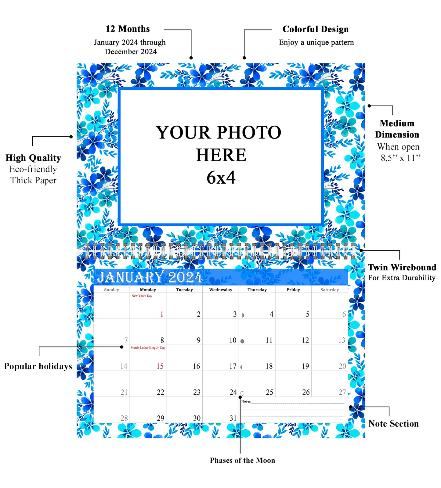 2024 Photo Frame Wall Spiral-bound Calendar (Add Your Own Photos) - 12 Months Desktop/Wall Calendar/Planner - (Edition #12)