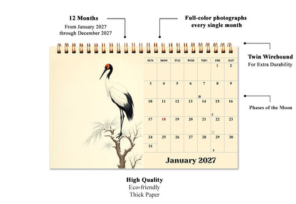 2027-12 Months Desk Calendar Desktop Planner with To-Do List (Ukioy-e Birds)