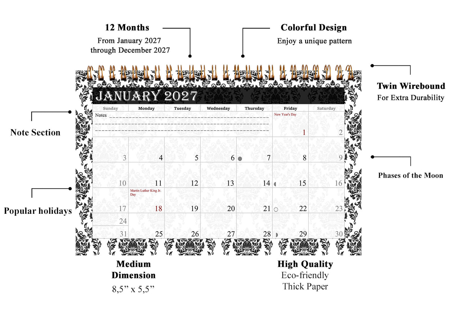 2027-12 Months Desk Calendar Desktop Planner with To-Do List & Notes 019