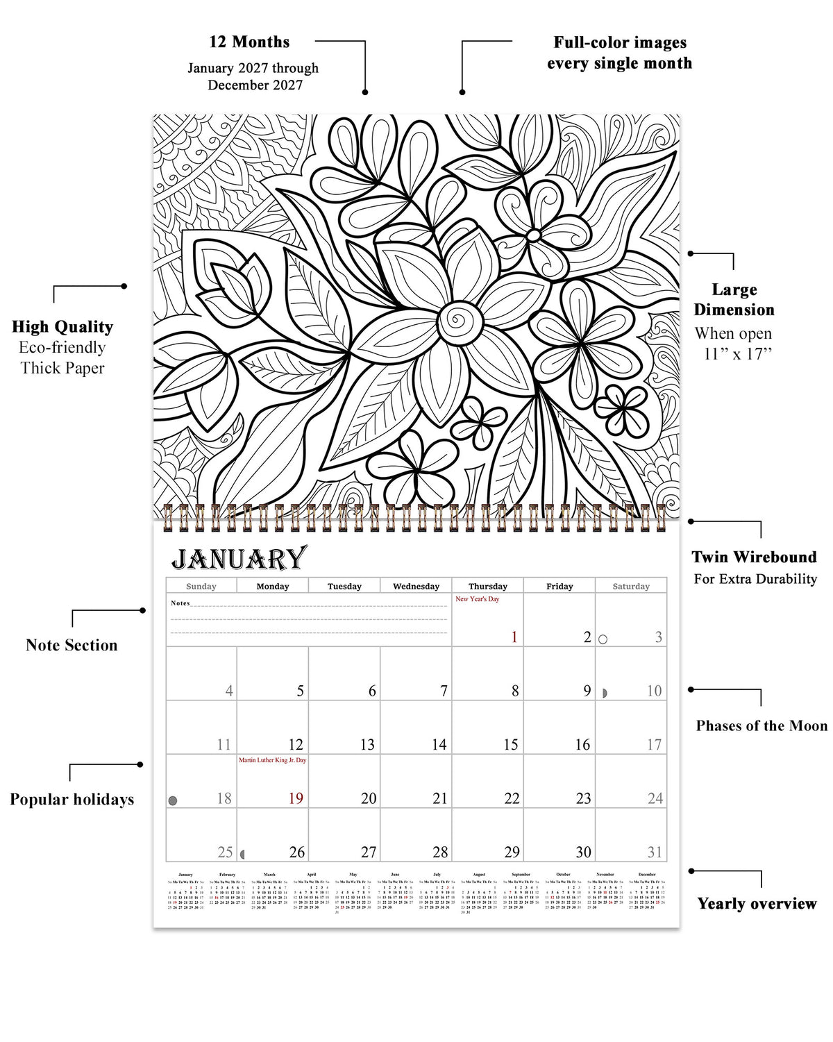 2027 Coloring Wall Calendar - 12 Months Desktop (Flowers) (11x17)