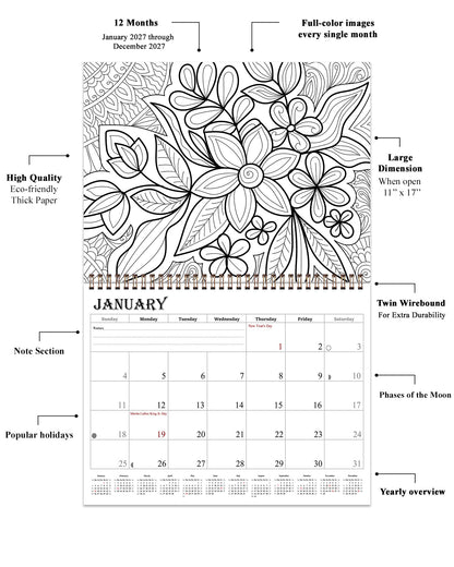 2027 Coloring Wall Calendar - 12 Months Desktop (Flowers) (11x17)