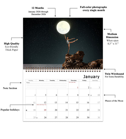 2026 Spiral-bound Wall Calendar (Moons) - 12 Months Desktop/Wall Calendar/Planner