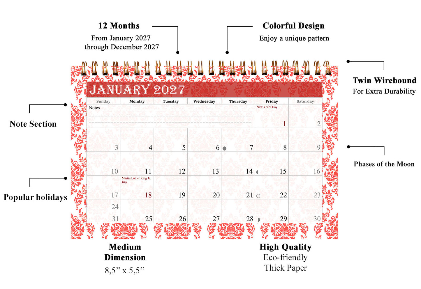 2027-12 Months Desk Calendar Desktop Planner with To-Do List & Notes 018