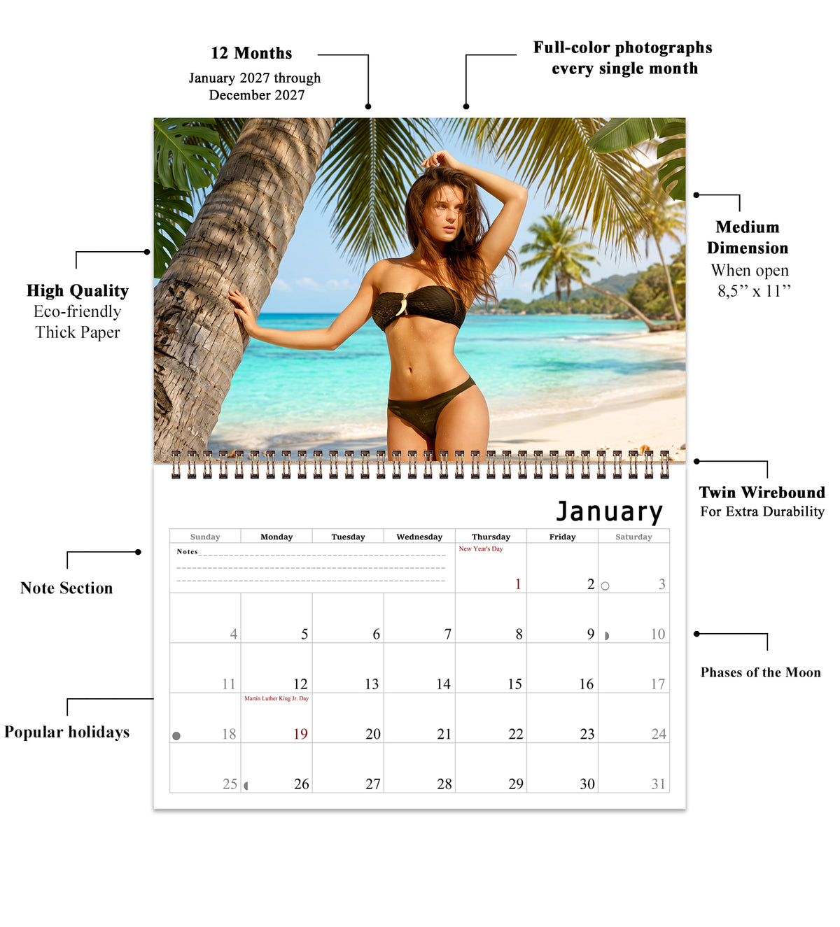 2027 Wall Calendar Beach Babes Bikini Women - 12 Months Desktop / Wall Calendar