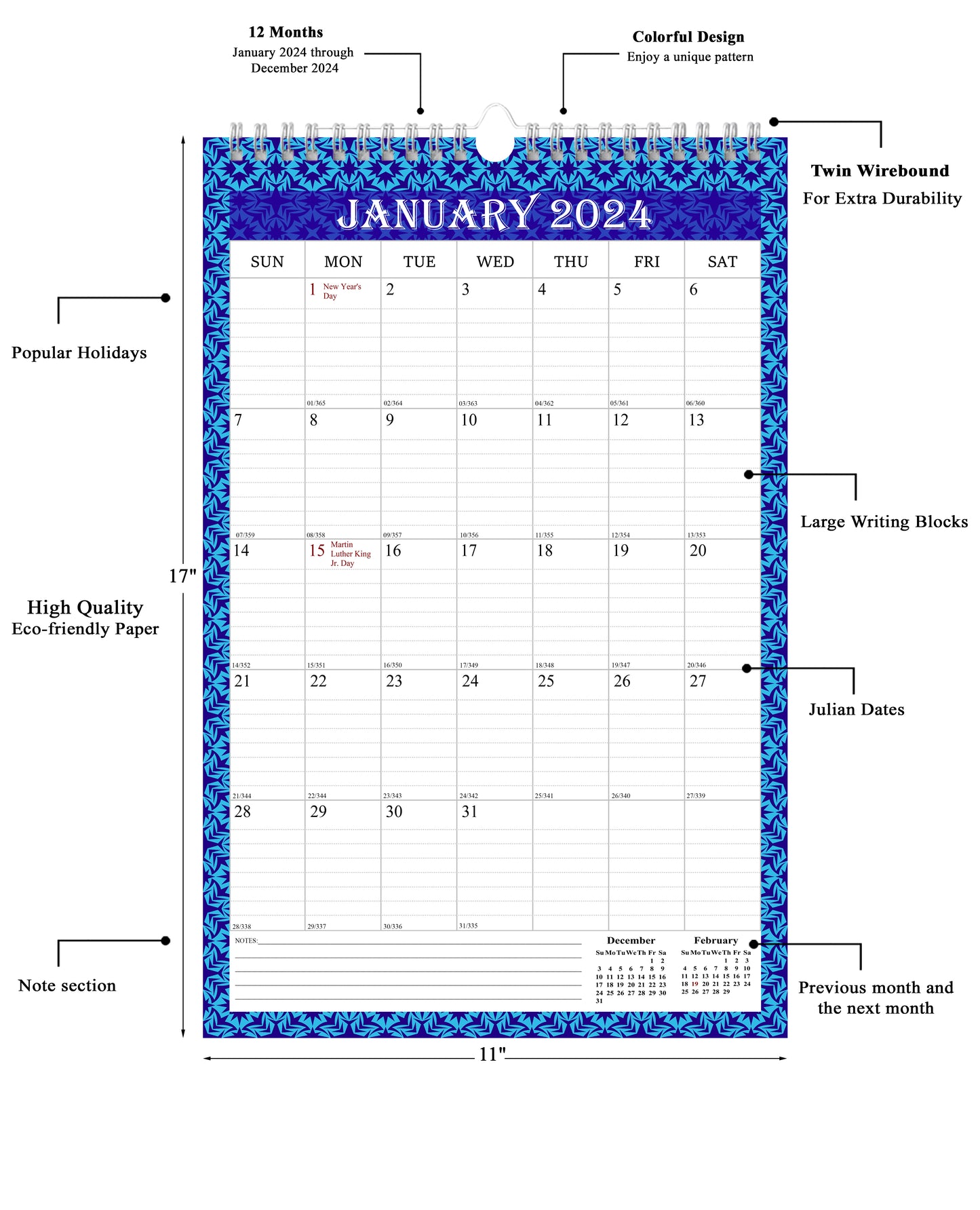 2024 Wall Calendar Spiral-Bound Twin-Wire Binding - 12 Months  14