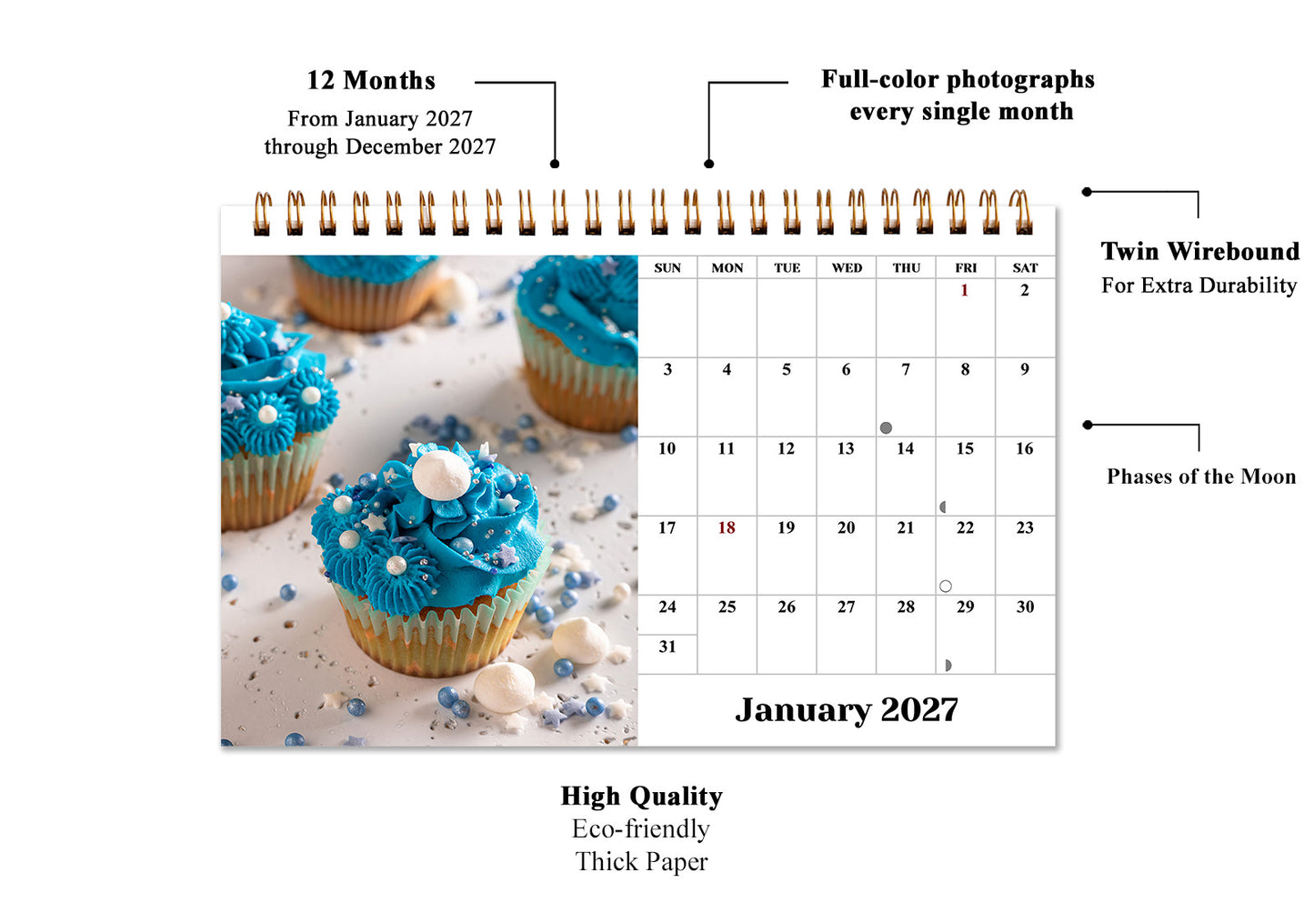 2027-12 Months Desk Calendar Desktop Planner with To-Do List (Cupcakes)