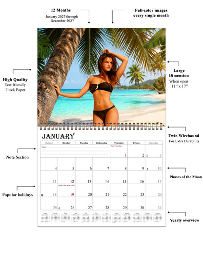 2027 Wall Calendar Beach Babes Bikini Women Models - 12 Months Desktop (11x17)