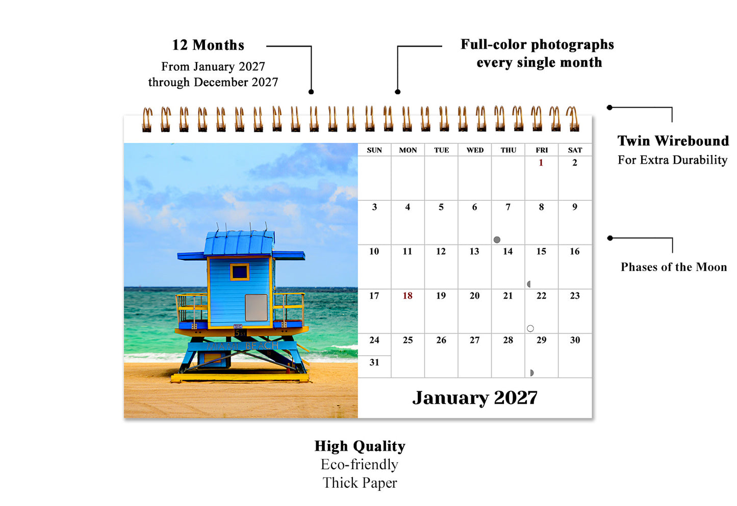 2027-12 Months Desk Calendar Desktop Planner with To-Do List (Beaches)