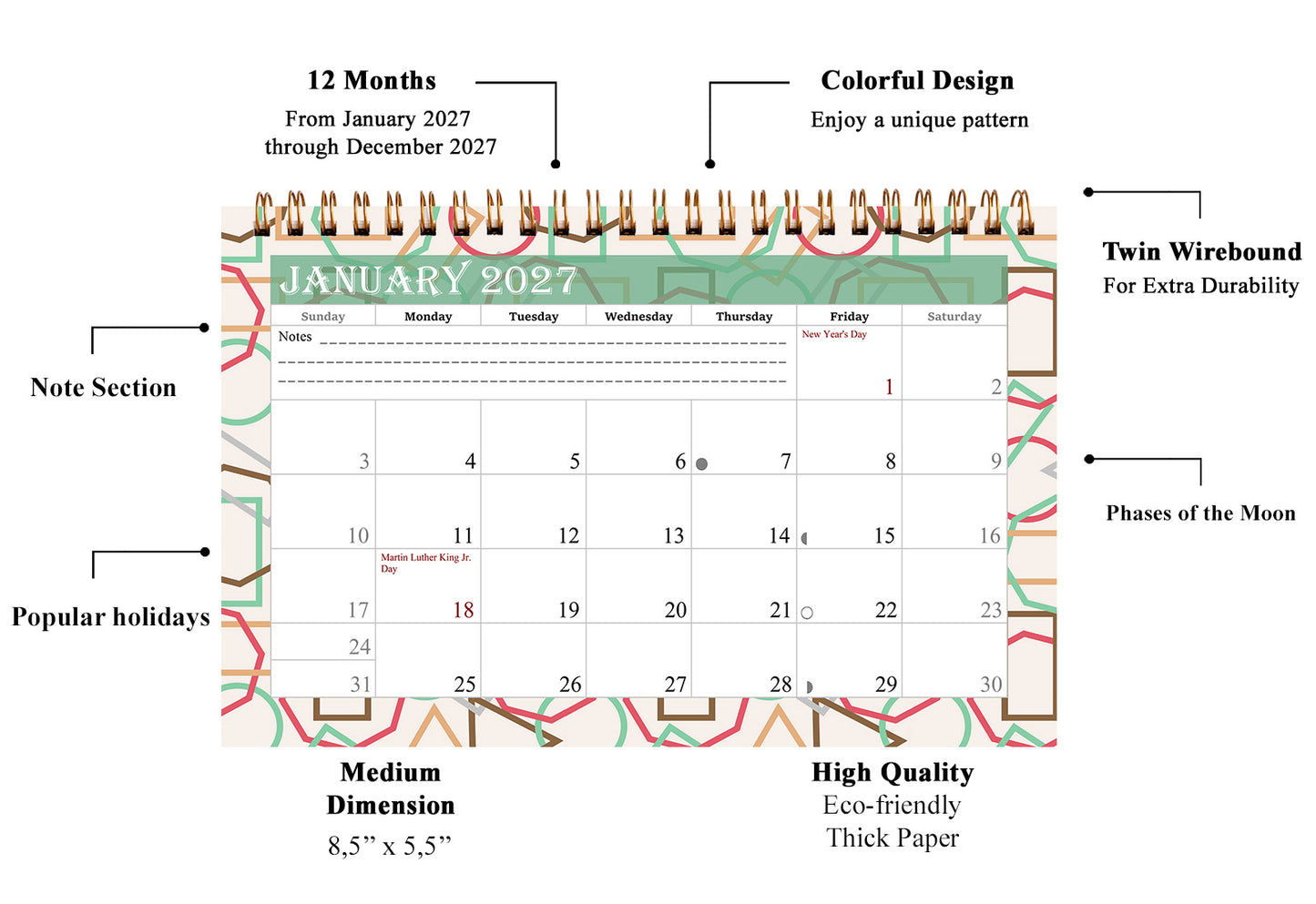 2027-12 Months Desk Calendar Desktop Planner with To-Do List & Notes 011
