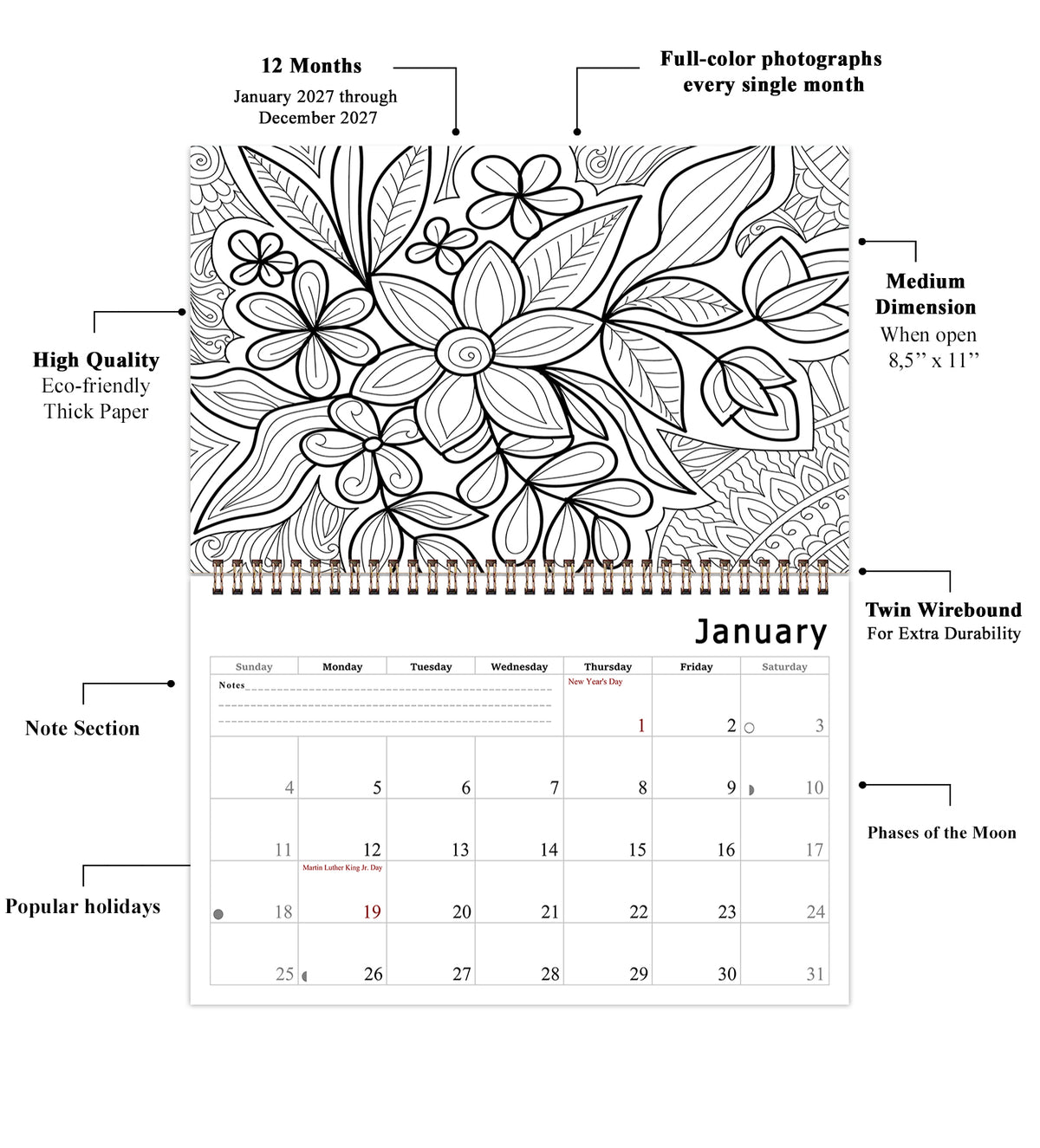 2027 Coloring Wall Calendar - 12 Months Desktop / Wall Calendar (Flowers)