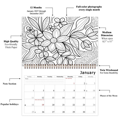 2027 Coloring Wall Calendar - 12 Months Desktop / Wall Calendar (Flowers)