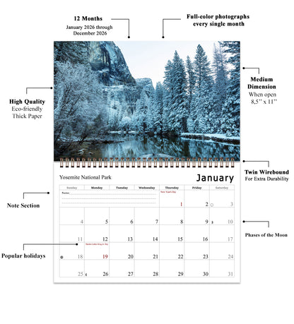 2026 Spiral-bound Wall Calendar (National Park) - 12 Months Desktop/Wall Calendar/Planner