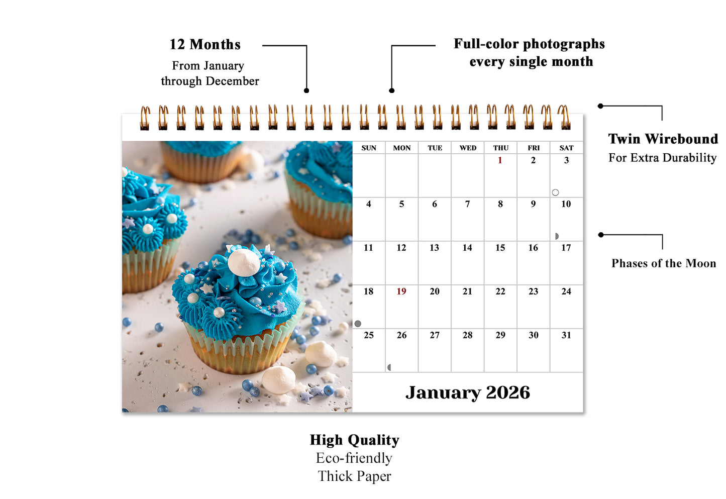 2026-12 Months Desk Calendar Desktop Planner with To-Do List (Cupcakes)