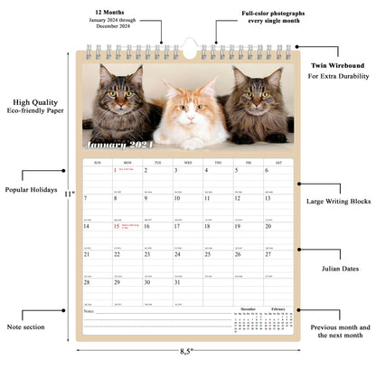 2024 Wall Calendar Spiral-bound Twin-Wire Binding - 12 Months (Cats)