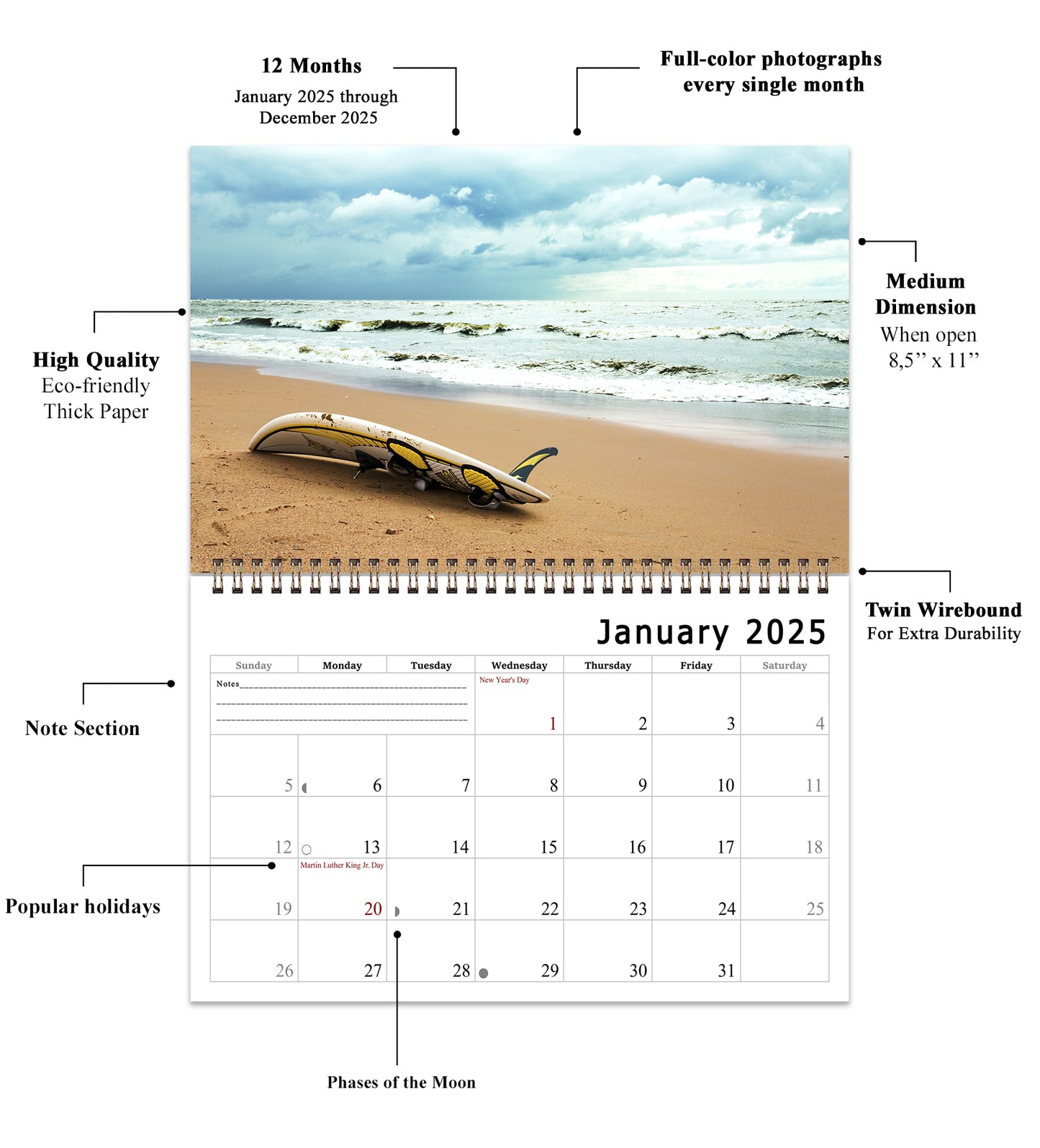 2025 Spiral-bound Wall Calendar (Beaches) - 12 Months Desktop/Wall Calendar/Planner