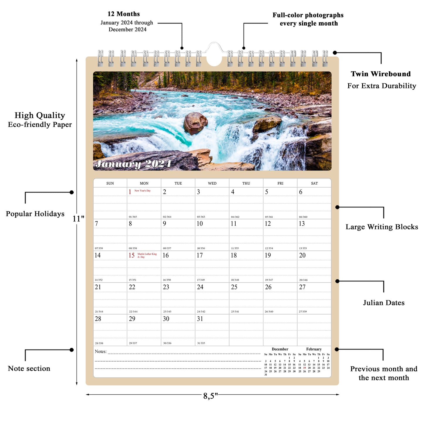 2024 Wall Calendar Spiral-bound Twin-Wire Binding - 12 Months  (The Great Outdoors)