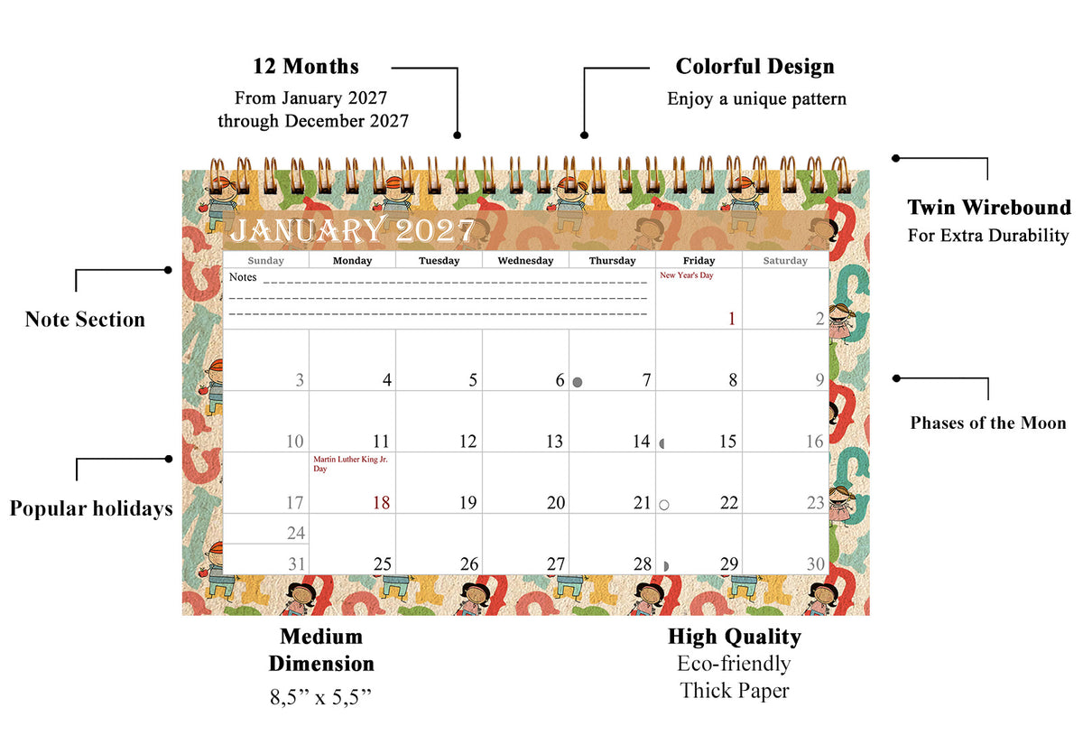2027-12 Months Desk Calendar Desktop Planner with To-Do List & Notes 010