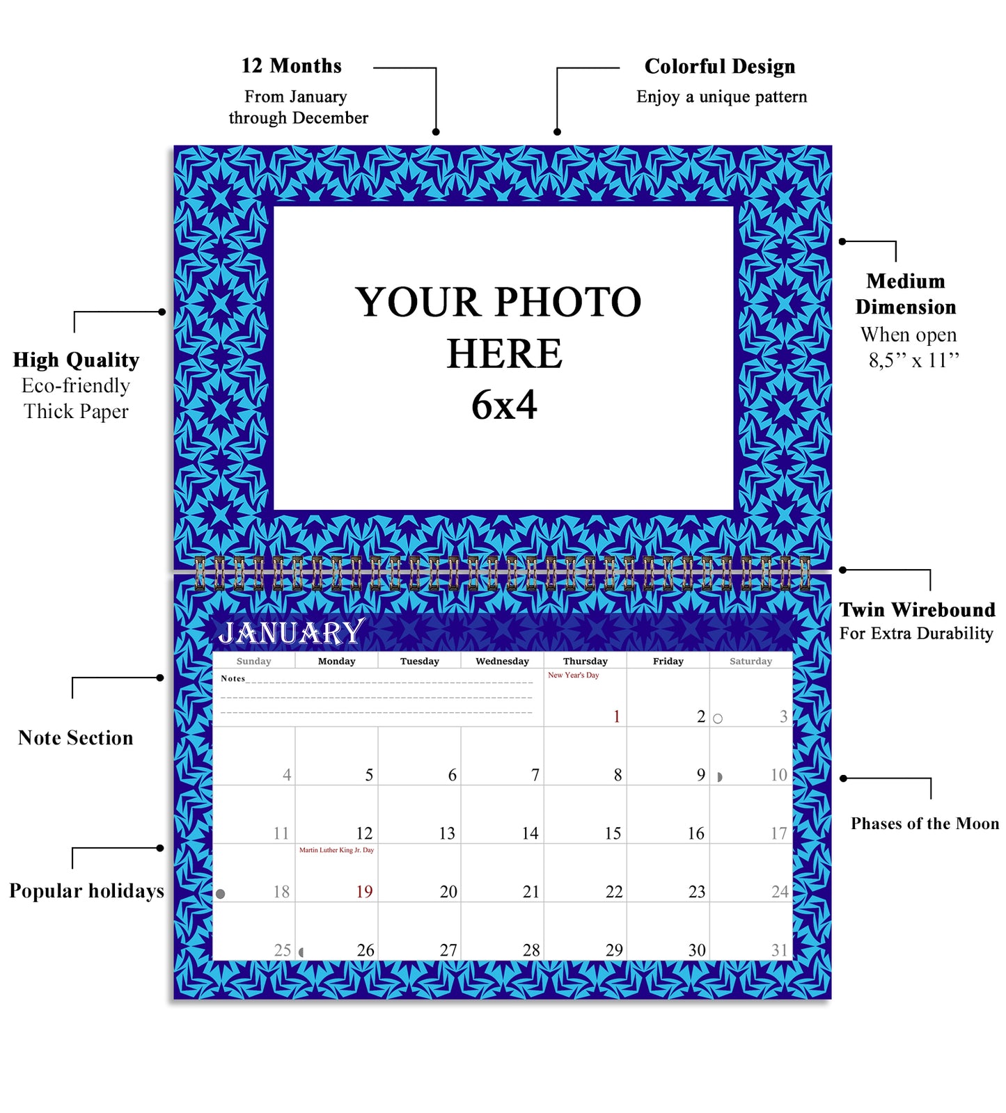 2026 Photo Frame Wall Spiral-bound Calendar (Add Your Own Photos) - 12 Months Desktop/Wall Calendar/Planner - (Edition #07)