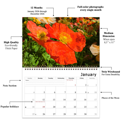2026 Spiral-bound Wall Calendar (Flowers) - 12 Months Desktop/Wall Calendar/Planner