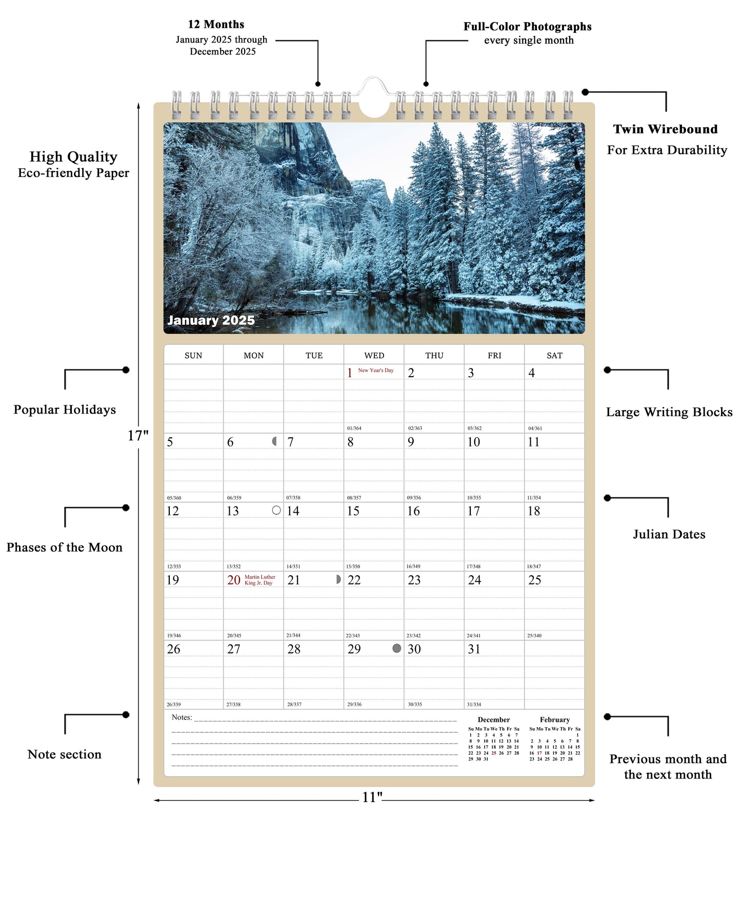 2025 Wall Calendar Spiral-bound Twin-Wire Binding - 12 Months Planner - Large Ruled Blocks with Julian Dates - (National Parks)