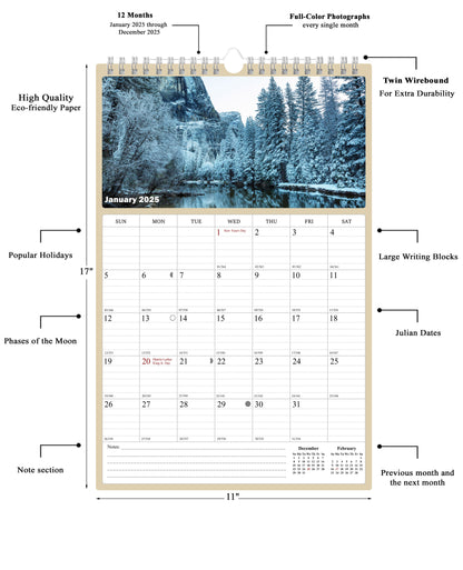 2025 Wall Calendar Spiral-bound Twin-Wire Binding - 12 Months Planner - Large Ruled Blocks with Julian Dates - (National Parks)