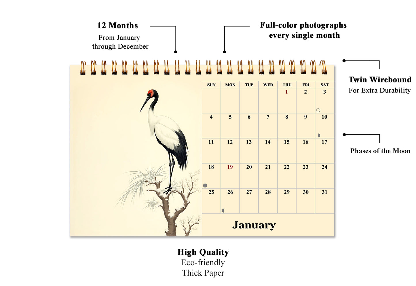 2026-12 Months Desk Calendar Desktop Planner with To-Do List (Ukioy-e Birds)