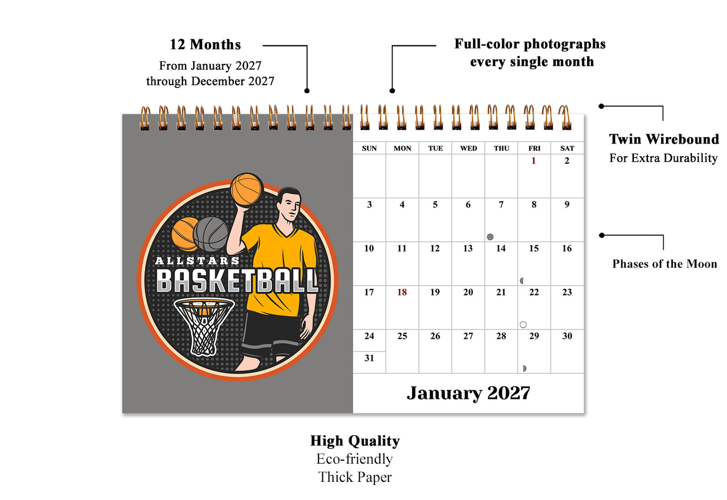 2027-12 Months Desk Calendar Desktop Planner with To-Do List (Basketball)