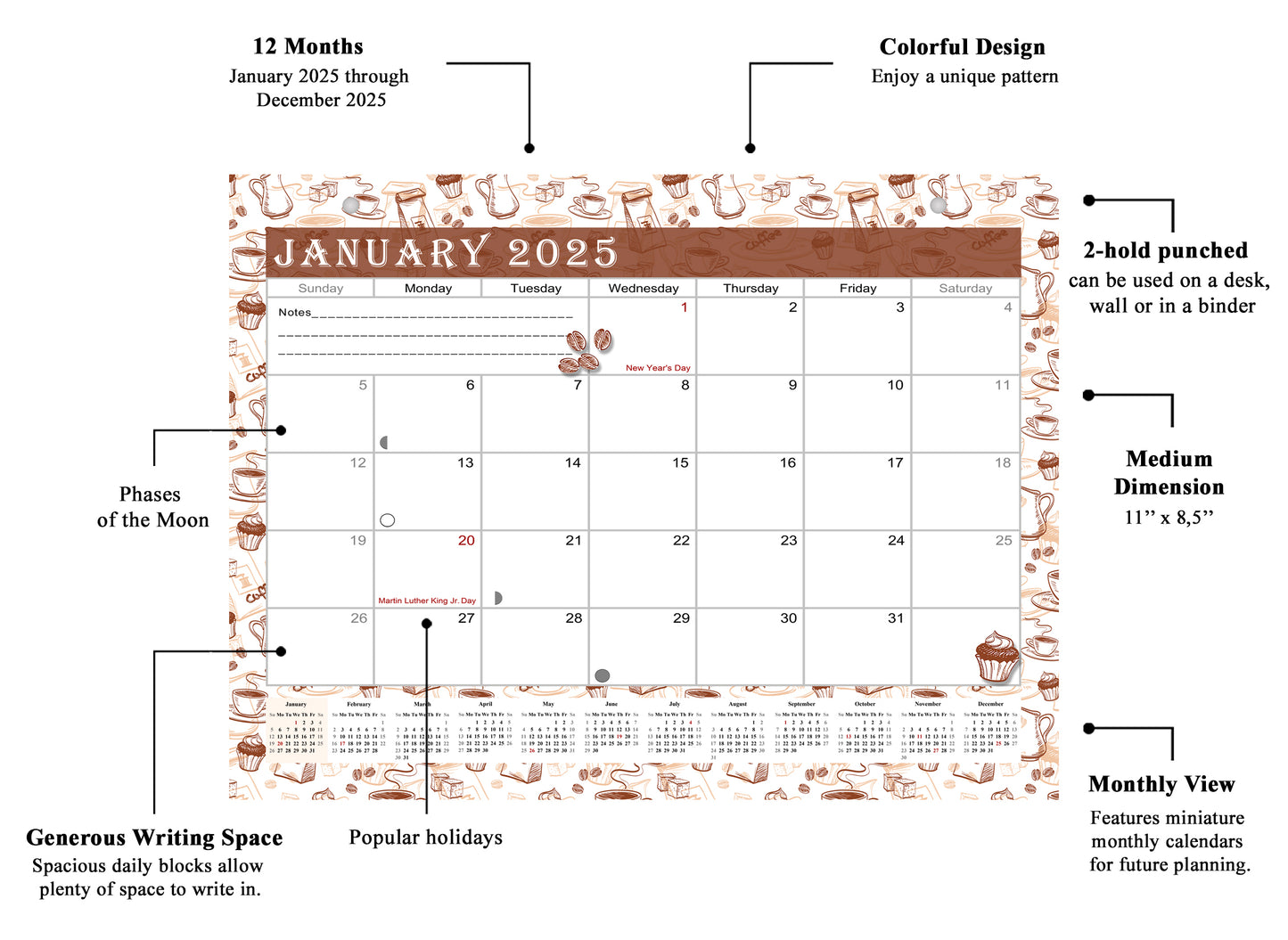 2024 - 2025 Student Calendar/Planner for 3-Ring Binder, Desk, or Wall - v030