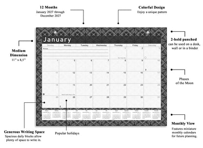 2027 Monthly Magnetic/Desk Calendar - 12 Months Desktop/Wall Calendar/Planner B&W- #017