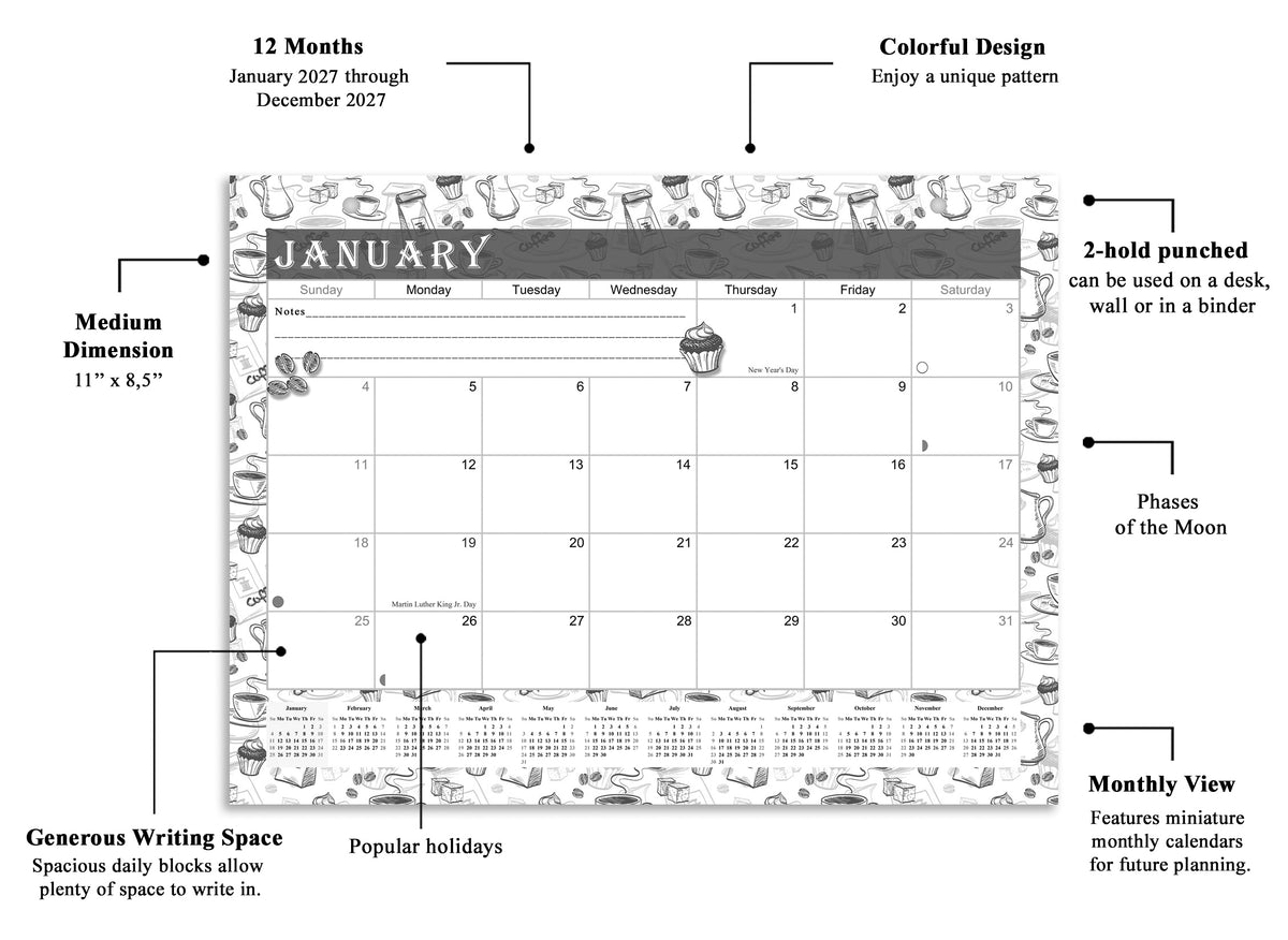 2027 Monthly Magnetic/Desk Calendar - 12 Months Desktop/Wall Calendar/Planner - Black&White - (Edition #030)