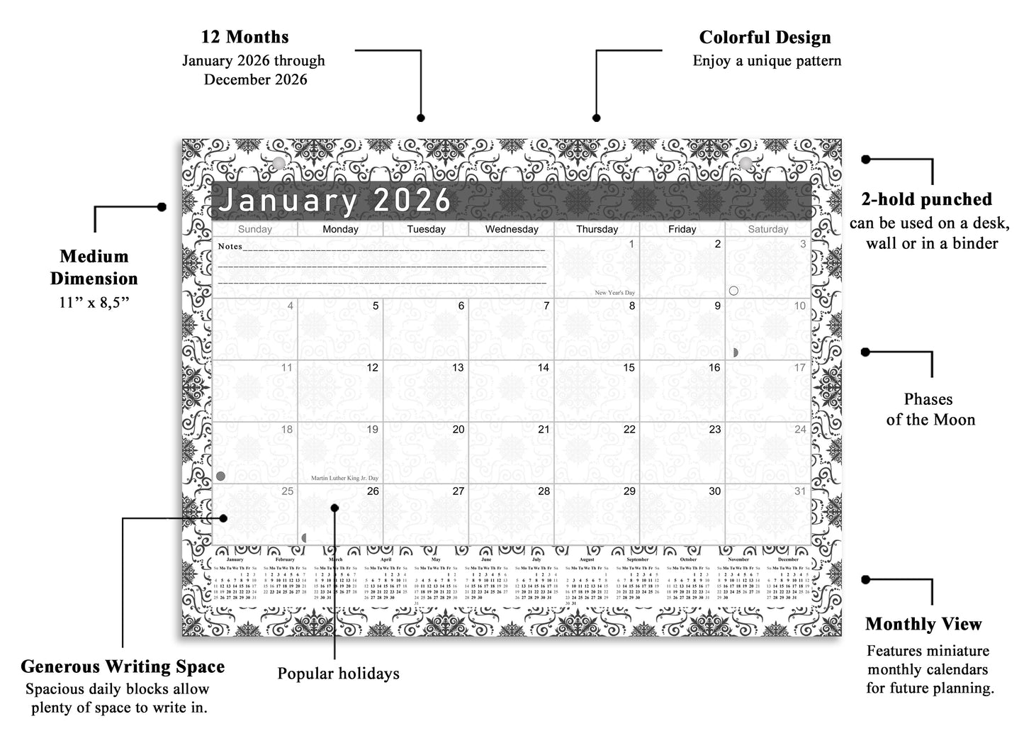 2026 Monthly Magnetic/Desk Calendar - 12 Months Desktop/Wall Calendar/Planner  B&W- #014