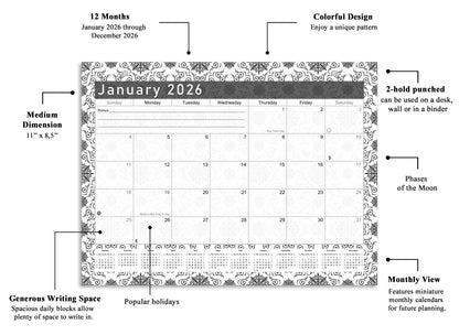 2026 Monthly Magnetic/Desk Calendar - 12 Months Desktop/Wall Calendar/Planner  B&W- #014