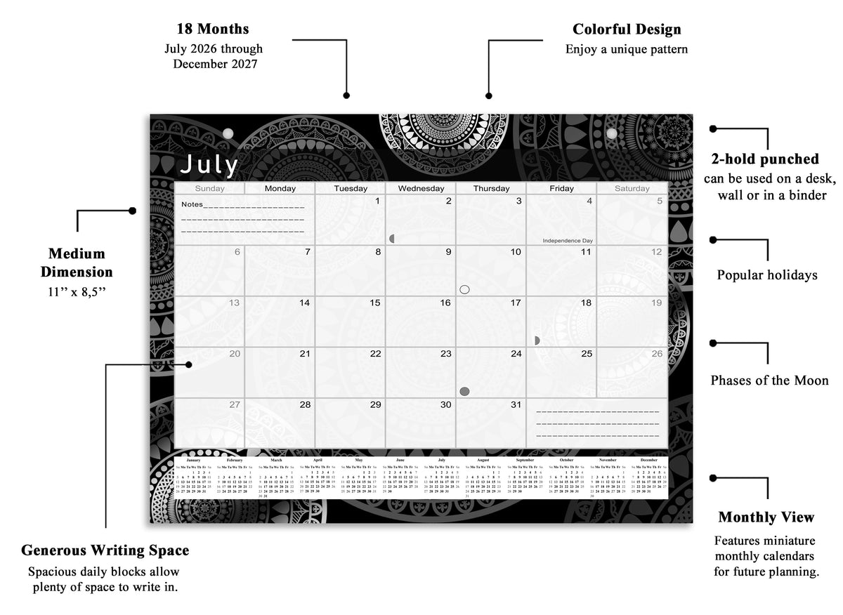 2026 - 2027 Student Calendar/Planner for 3-Ring Binder, Desk, or Wall - Black&White -v012