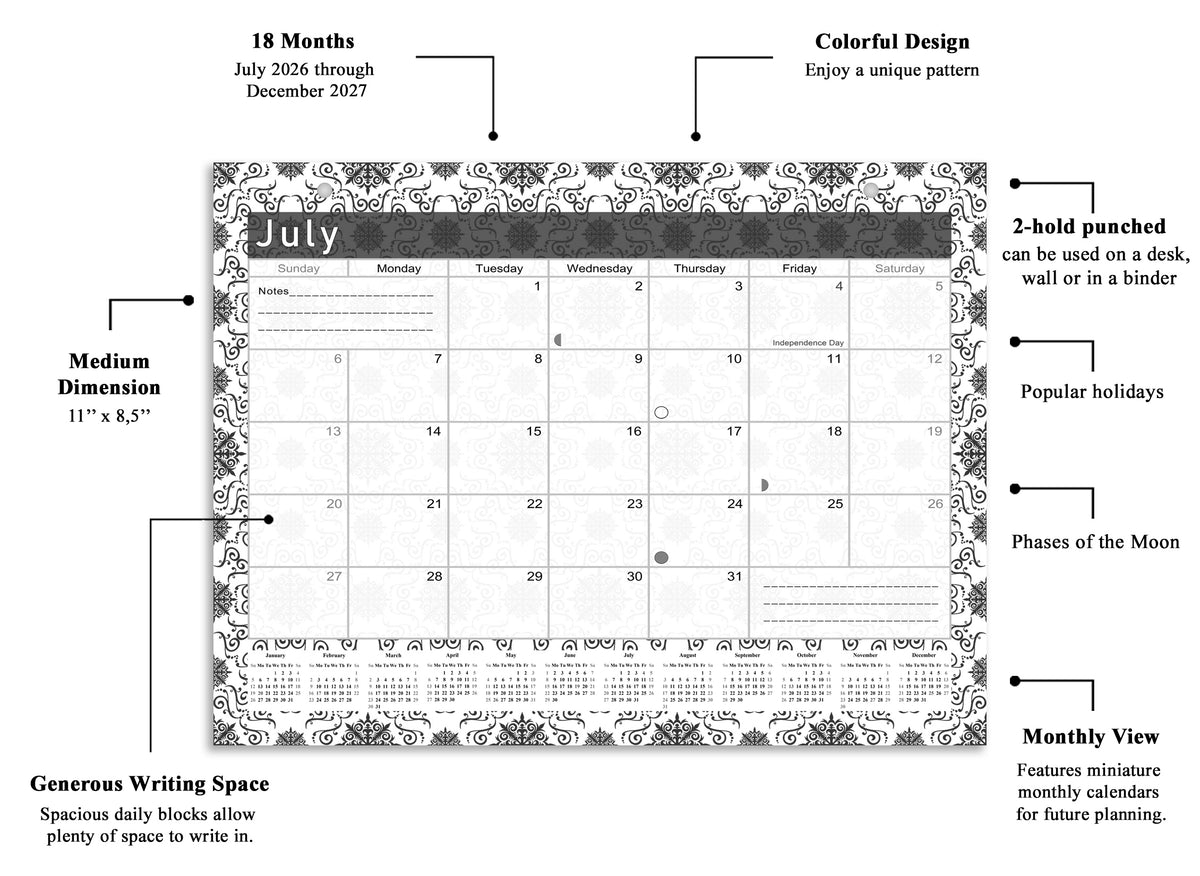 2026-2027 Magnetic/Desk Calendar - Desktop/Wall Calendar/Planner B&W- #014
