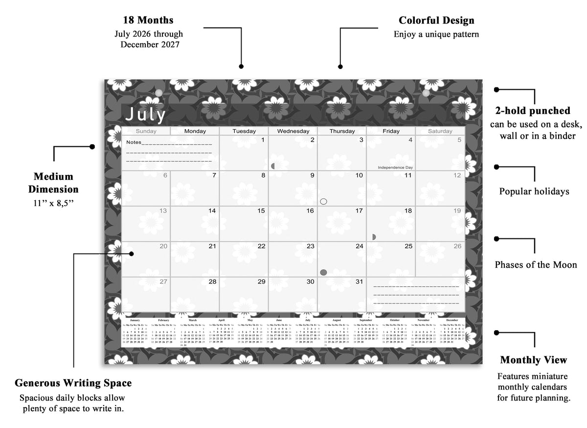 2026-2027 Magnetic/Desk Calendar - Desktop/Wall Calendar/Planner B&W- #017