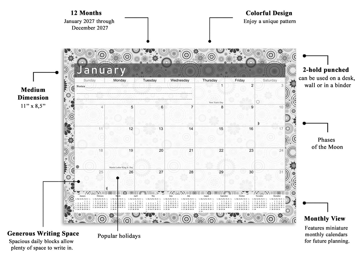 2026-2027 Magnetic/Desk Calendar - Desktop/Wall Calendar/Planner B&W- #020